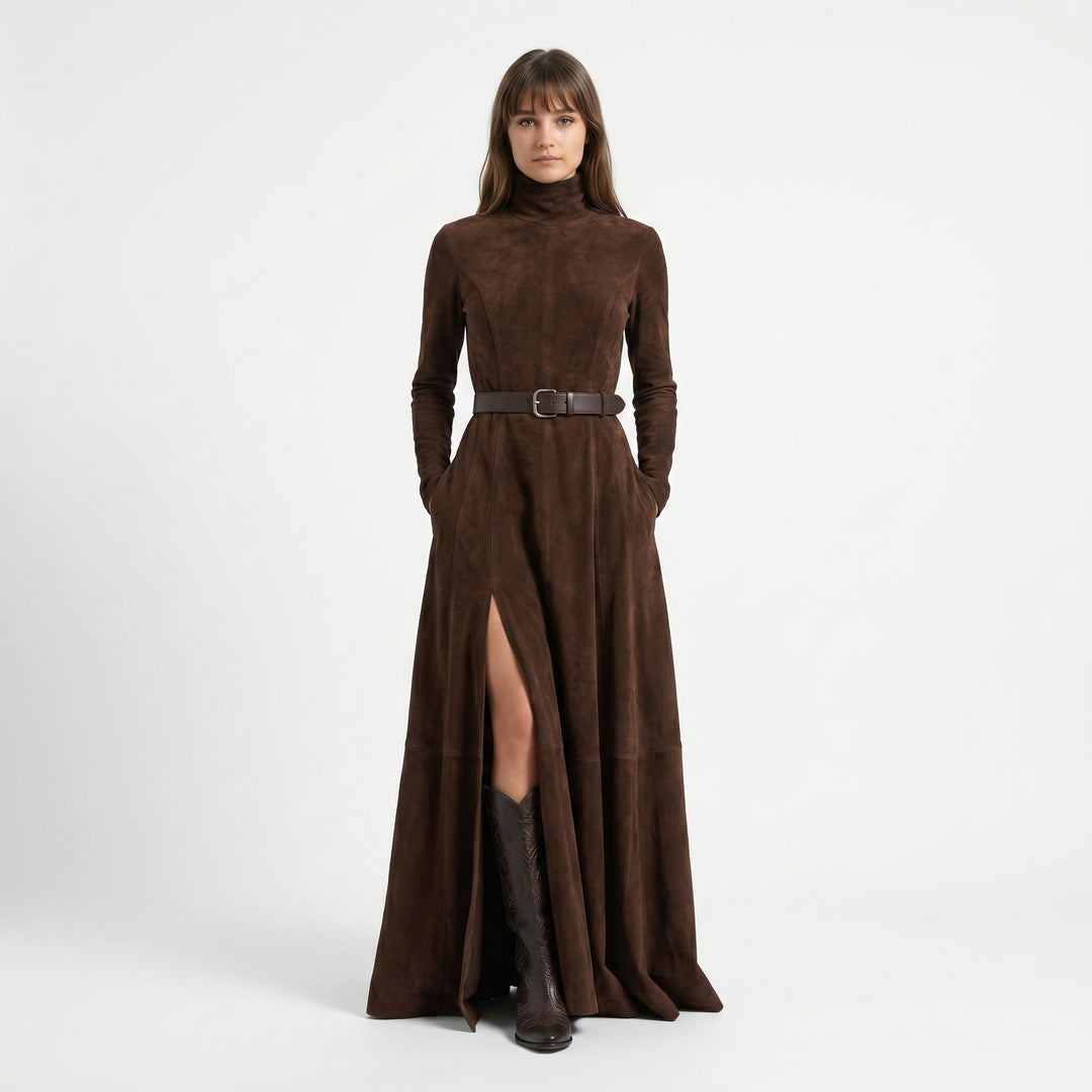 Vestido de Ante Sintético con Cuello Alto, Manga Larga y Abertura (Incluye cinturón)