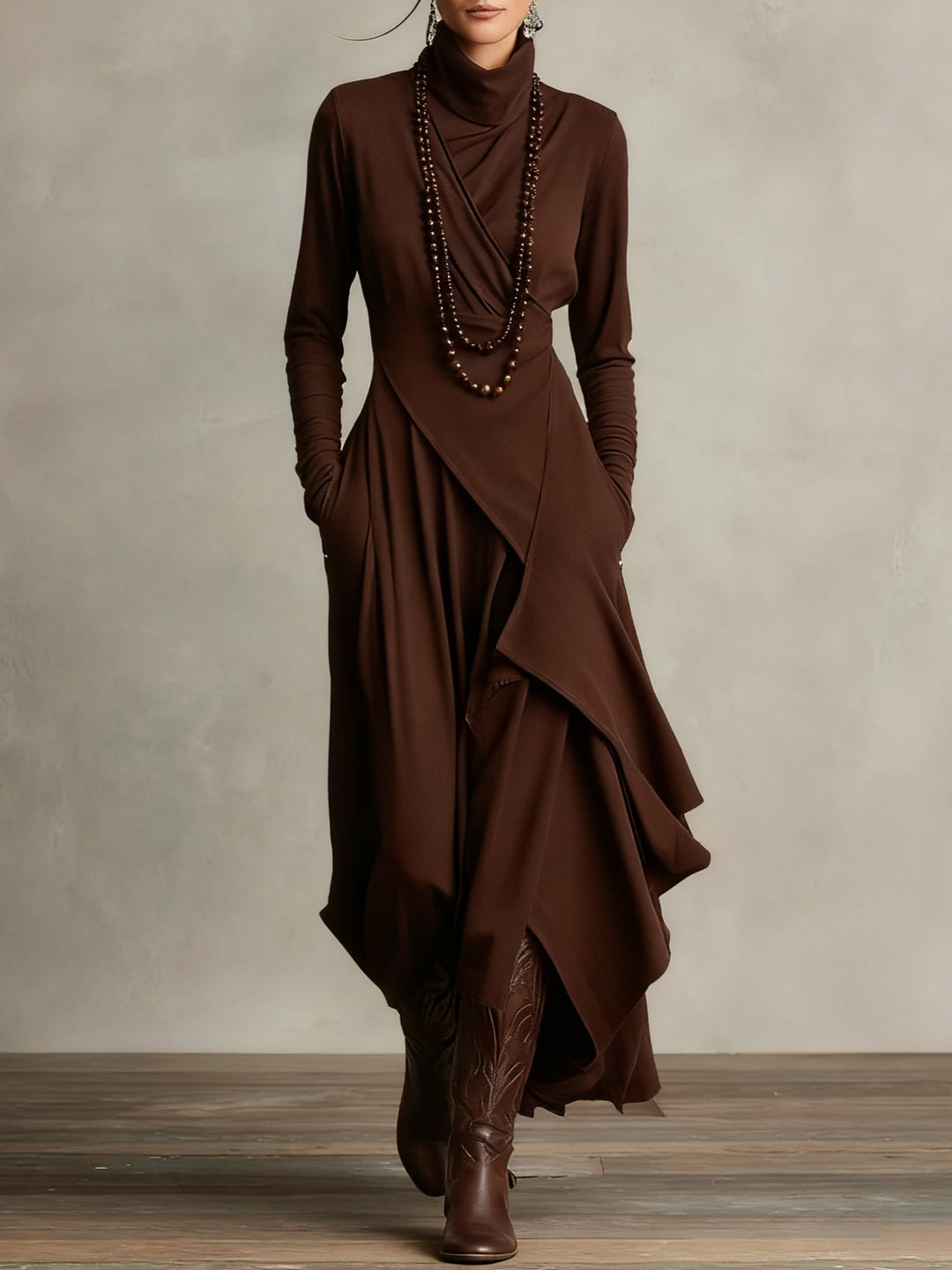 AURELIA™║Vestido largo plisado asimétrico con cuello alto
