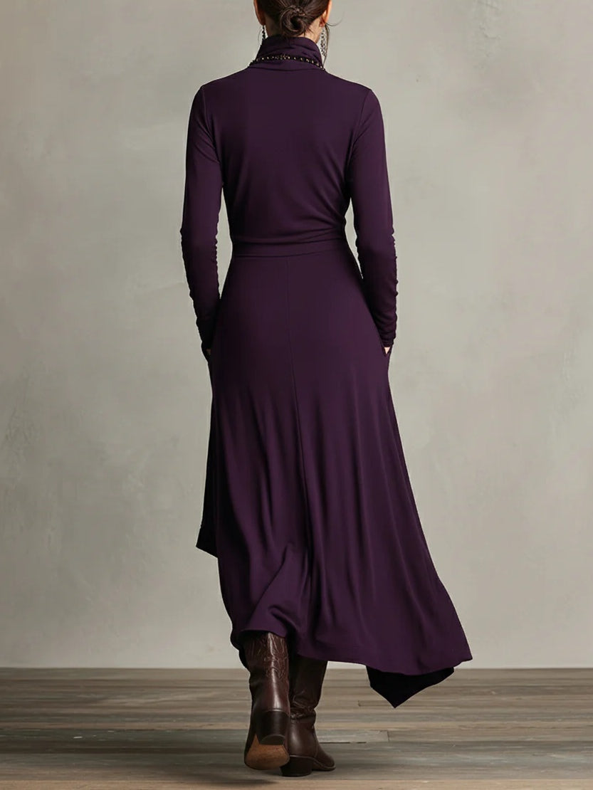 AURELIA™║Vestido largo plisado asimétrico con cuello alto