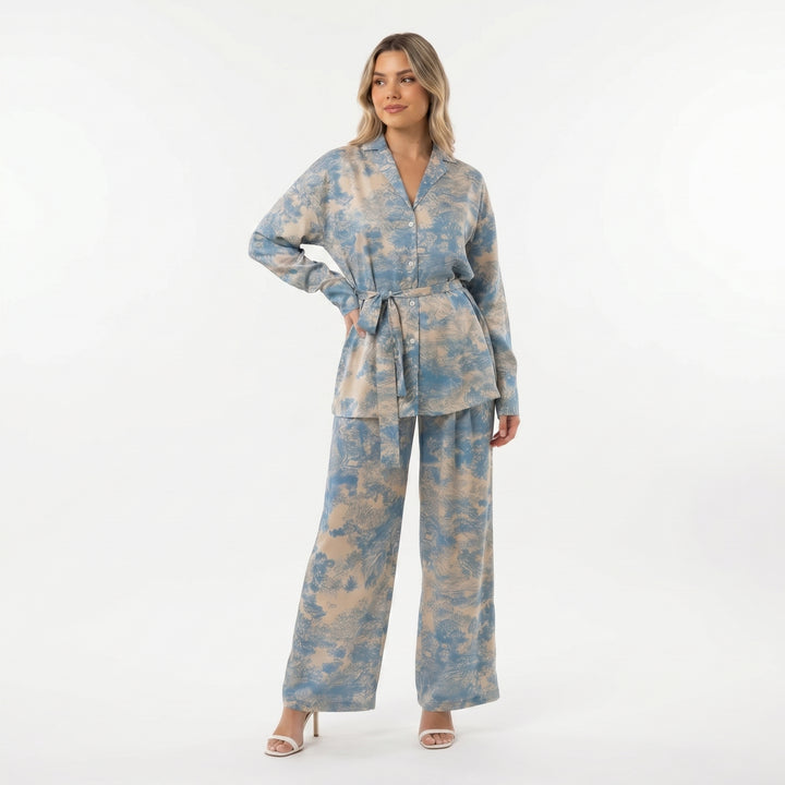 Conjunto Estampado Mujer con Corbata y Pantalón de Pierna Ancha