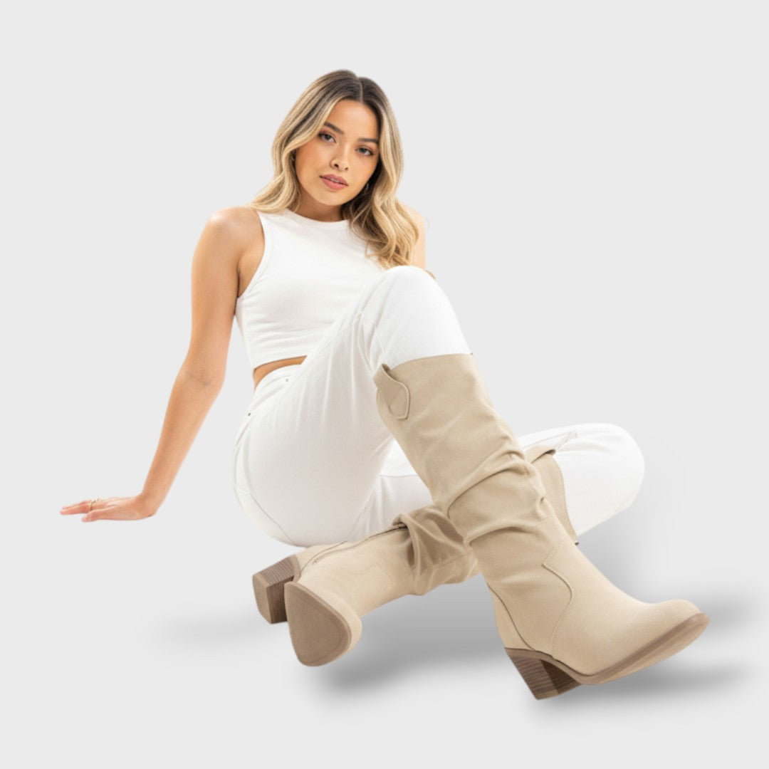 Botas Altas de Cuero Estilo Western para Mujer – Diseño Plisado con Tacón Grueso